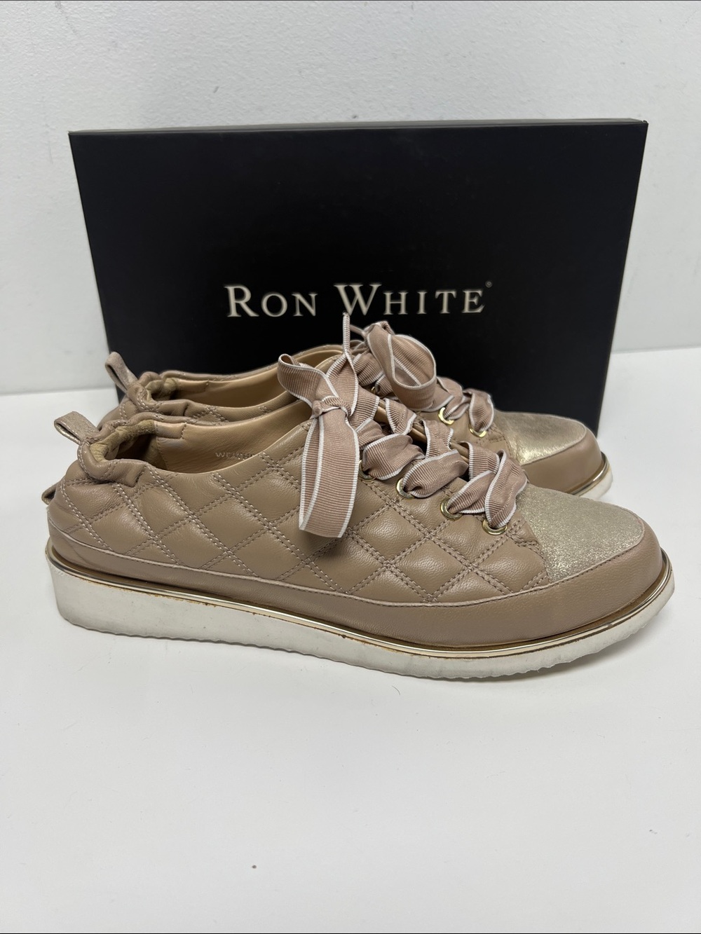 Ron White Quilted Leather Sneakers in Taupe with Ribbon Laces